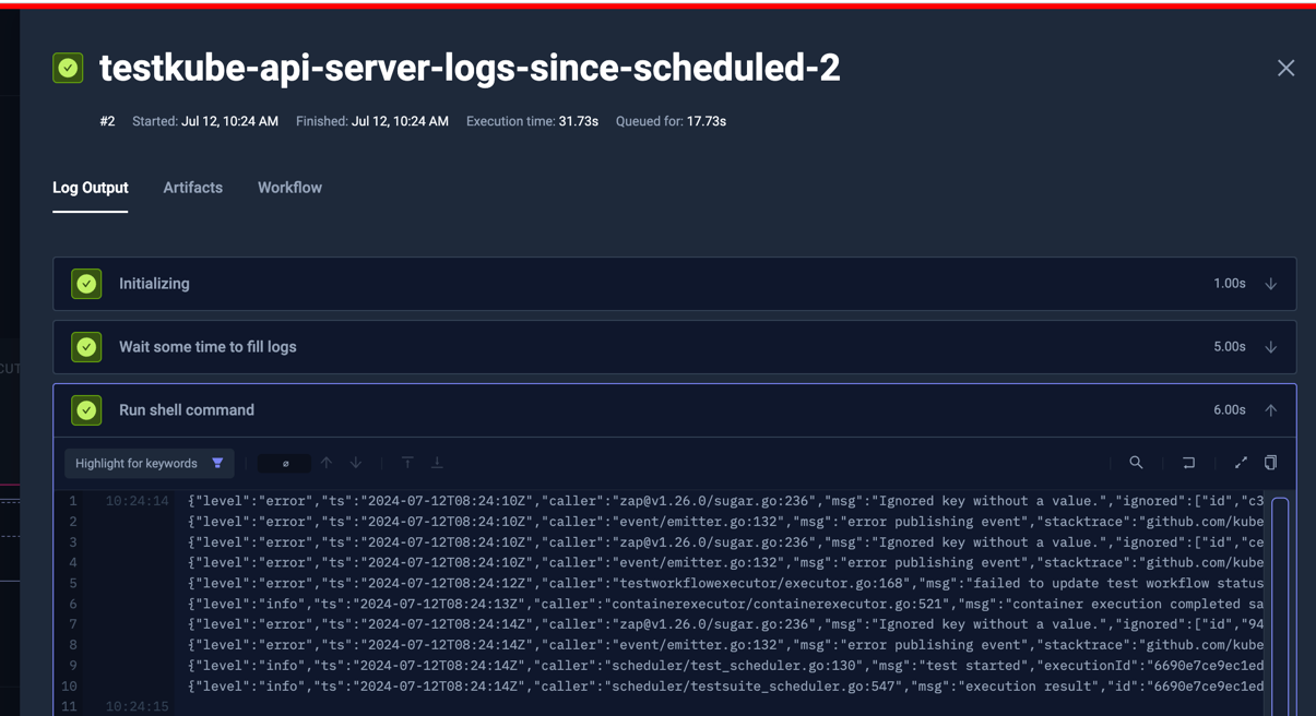 Captured Testkube API Server Logs